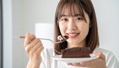 チョコレートケーキを食べる若い日本人女性　