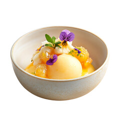 Lychee Passionfruit Sorbet in Porcelain Dish Isolated on Transparent Background