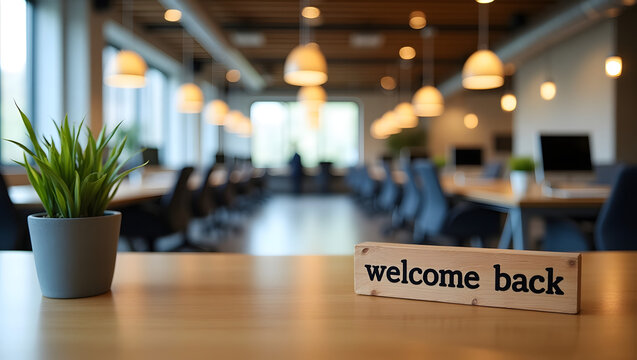 Welcome Back Sign on an Office Desk.