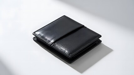 Sleek black leather wallet displayed on a smooth surface with soft lighting highlighting its features and texture