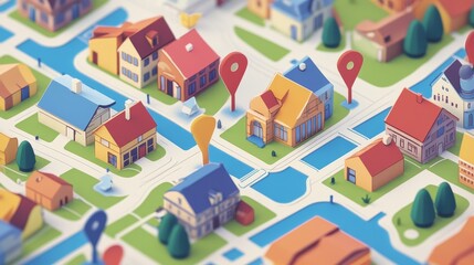 Naklejka premium City map featuring directional signs, an intended goal point and multiple markers. An abstract navigation plan highlights POI including city streets, blocks. Vector illustration