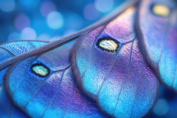 Close-up of iridescent blue butterfly wings, showcasing intricate textures and vibrant colors.