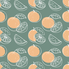 Oranges and slices with leaves seamless pattern. Hand drawn citrus outline on green background. Illustration.