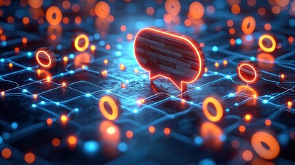 Glowing chat bubble on a tech circuit grid pattern
