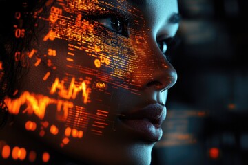 A woman's face overlaid with glowing data, symbolizing the fusion of humanity and technology in the digital age.