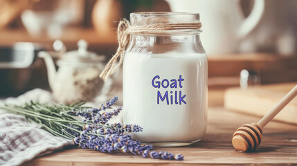 Rustic kitchen scene with goat milk in glass jar and lavender arrangement