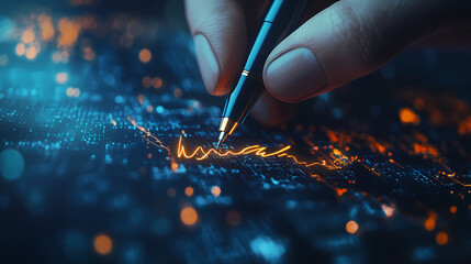 Close-up of pen signing a glowing digital signature on dark blue background. [Neon Folklore] | Cyber Shamans | digital rites. Illustration