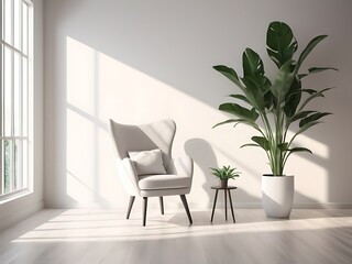 Fototapeta premium Modern Minimalist Empty Room Interior with Sunlight, Armchair, and Plant