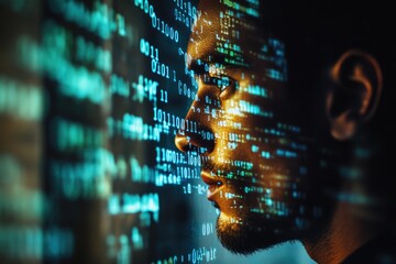 A man's profile overlaid with binary code, symbolizing technology, data analysis, and the digital age, conveying intelligence and innovation.