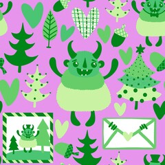 Winter monsters seamless Christmas yeti pattern for wrapping paper and fabrics