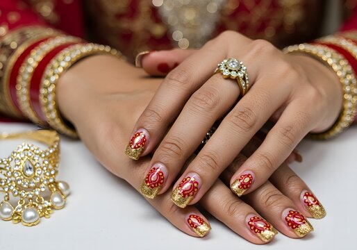 Elegant Red and Gold Nail Art with Paisley Design and Traditional Jewelry