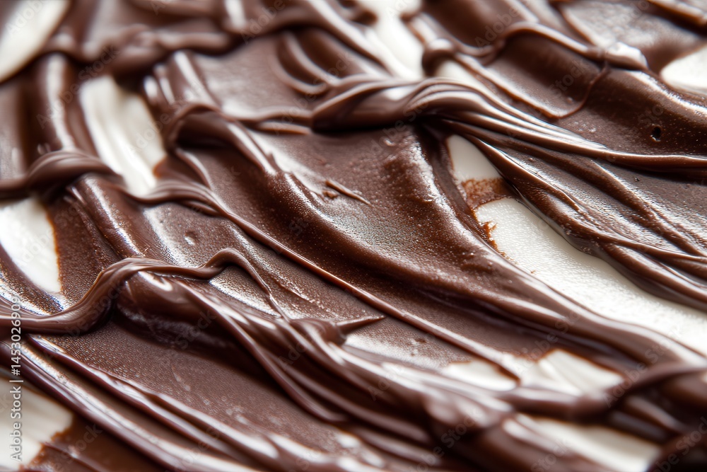 Poster close-up of a dessert with a layer of white frosting artistically drizzled with glossy chocolate, cr