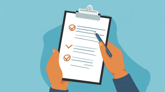 Man hold Attendance clipboard with checklist. Questionnaire, survey, clipboard, task list. Flat design, vector illustration on background.