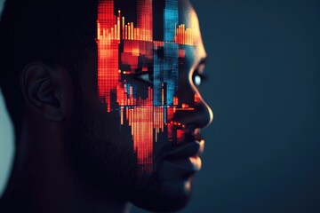 A contemplative profile of a man overlaid with dynamic red and blue data visualizations, symbolizing technology, information processing, and the connection of mind and machine.