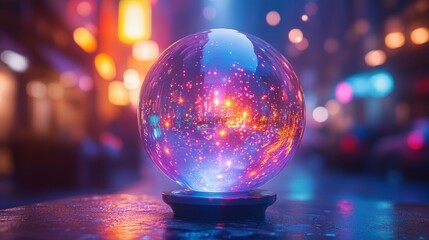 Crystal ball reflecting vibrant city lights at night
