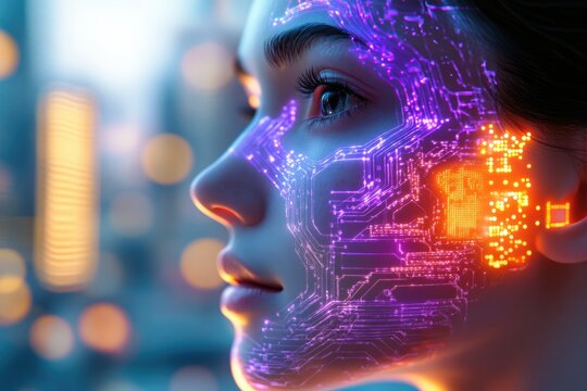 A futuristic woman with glowing circuitry patterns overlaid on her face, blending technology and human form, set against a blurred cityscape.