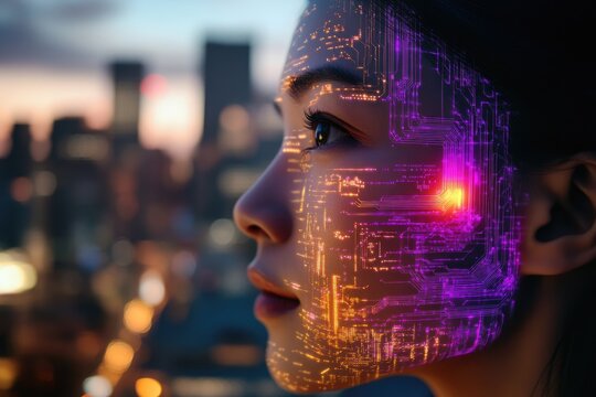 A woman's profile overlaid with glowing circuit board patterns against a city backdrop symbolizes technology's integration with humanity.