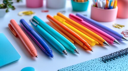 Fototapeta premium Arrangement featuring colorful ballpoint pens, notebooks, and paper clips on a white surface, angled view, office supplies on a transparent background, PNG image, PNG file.