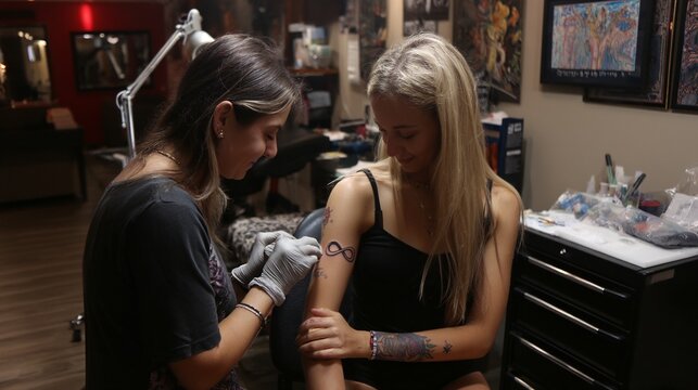 Tattoo artist inking infinity symbol on woman's arm in a studio with equipment and artwork visible
