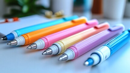 Fototapeta premium Colorful retractable pens aligned on surface, featuring pastel hues, arranged for writing or drawing projects on a transparent background, PNG image, PNG file.