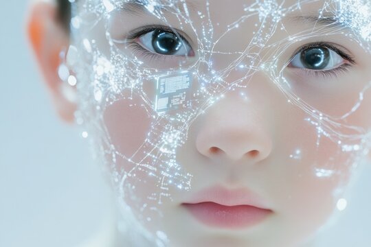 A child's face overlaid with glowing digital patterns, suggesting future technology, artificial intelligence, or advanced augmented reality concepts.