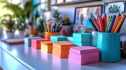 Assorted stacks of colorful sticky notes and pens arranged on desk for office organization and reminders, on a transparent background, PNG image, PNG file.