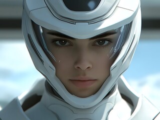 Futuristic Female Astronaut in White Helmet Closeup Portrait