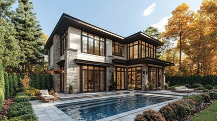 Fototapeta premium Modern house autumn poolside backyard landscape