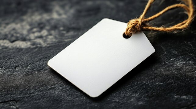 Blank white tag with jute string on dark background simple elegant gift label mockup sale card rope