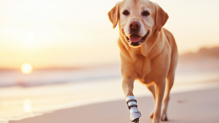 Labrador retriever with a prosthetic limb walking on a sandy beach at sunset, enjoying freedom and mobility