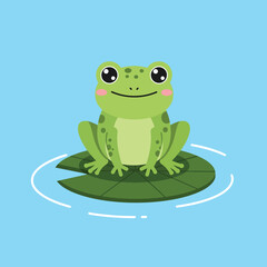 Cute green frog sitting on lily pad in calm blue water vector illustration 
