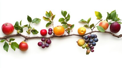 Autumn Harvest Fruit Branch Arrangement on White Background