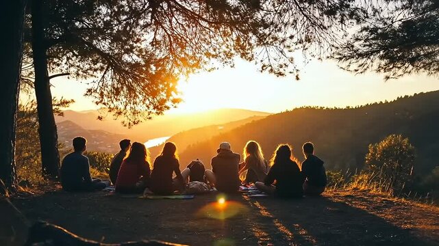 Group of friends enjoying a sunset view over a valley, surrounded by trees and nature