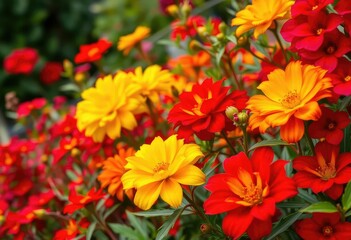 Vibrant red and yellow blooms in a lush garden, flowerbed, colorful