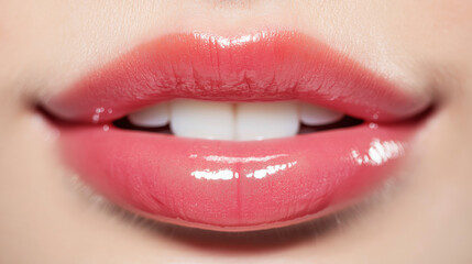 Obraz premium Glossy female lips slightly parted, exposing clean white teeth under soft, even illumination