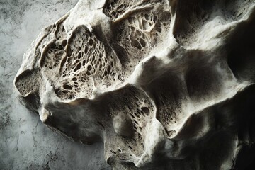 Close-up of porous bone structure, revealing intricate network of cavities and textures.
