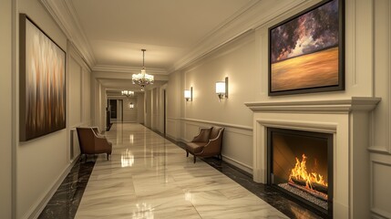 Fototapeta premium A long and elegant hallway featuring chairs a fireplace and art