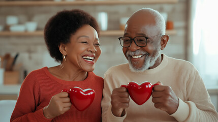 Joyful elderly black couple holding heart shaped mugs, laughing and enjoying their time together in a cozy home environment