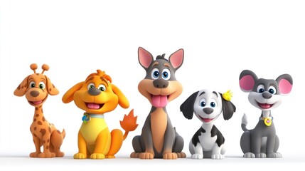 Obraz premium Cute cartoon dogs in various colors, sitting in a row