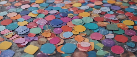 Colorful round & square stickers, diverse textures, purple, illustration