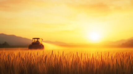 Tractor spraying pesticides in a wheat field during a golden sunrise, creating a picturesque agricultural scene