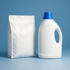 White plastic detergent bottle and pouch mockup standing on blue background