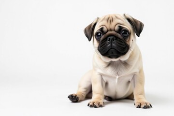 Obraz premium Adorable pug dog, isolated on pure white background , brown pug, folds, dog portrait