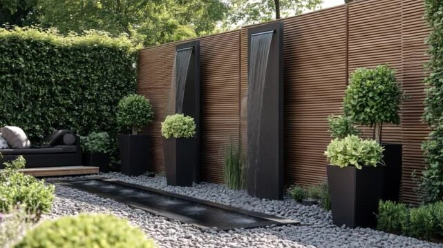 Tranquil backyard garden with waterfall feature, landscaping, relaxation