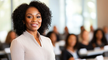 African American businesswoman leading professional training session, smiling confidently while motivating diverse colleagues in modern, well lit workplace