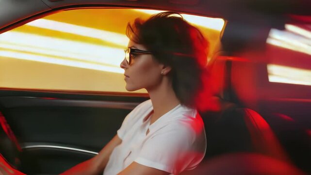 A woman sits in a car looking out the window, likely waiting or reflecting