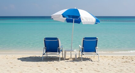 blue beach chairs and umbrella
