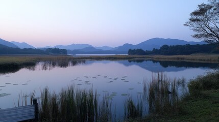 Calm lake with mountain reflections at twilight