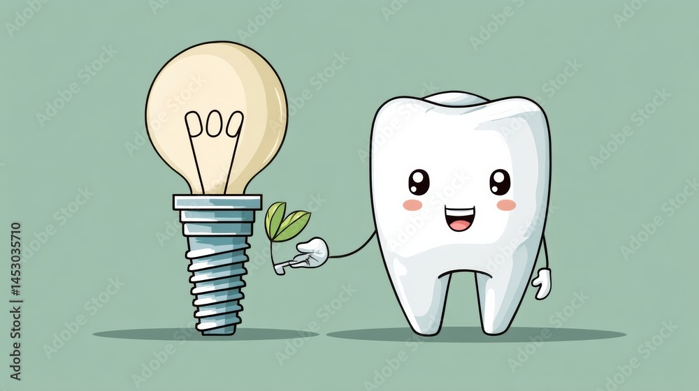 Fototapete Cartoon Tooth Character With a Smile Holds a Tiny Implant and a Leaf in a Playful Design on a Soft Background Generative AI