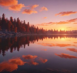 Serene sunset paints calm lake, fiery hues reflected ,  calm,  ambiance,  still water